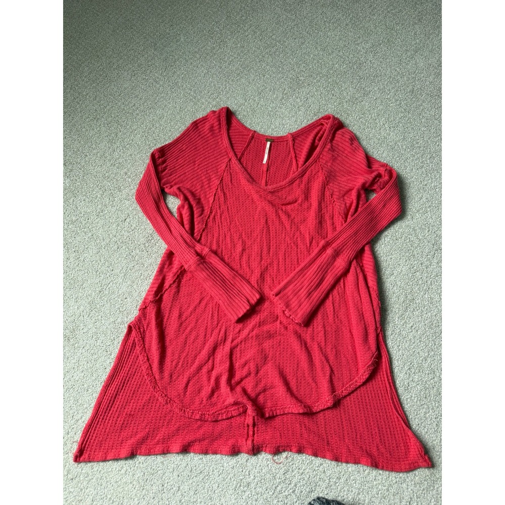 Free People Tunic Women Size S Red Waffle Knit Long Sleeve Thermal Scoop Neck